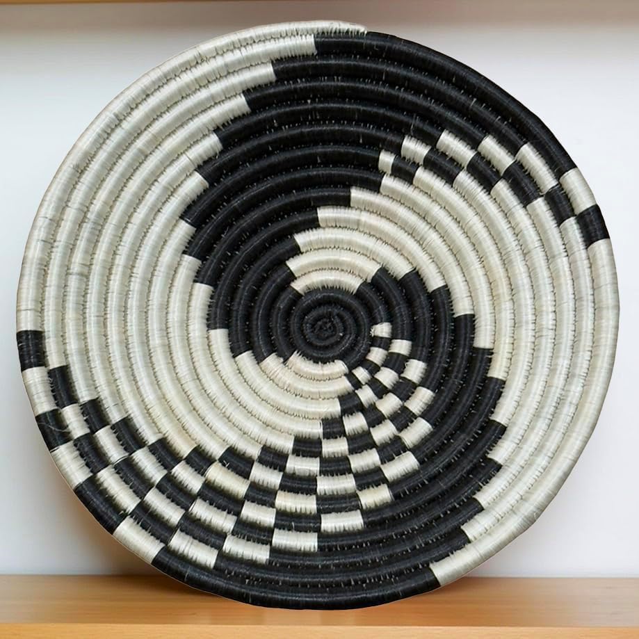 Handwoven African Basket Handmade sisal Fruit Bowl Wall Hanging decorative Baskets for Home Living Room Kitchen Centerpiece Zen Designs Arts and Crafts (Swirl Black Natural, 10in diameter)