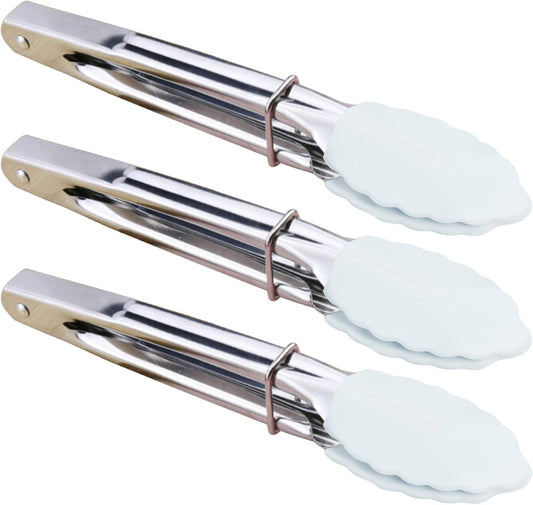 Small Serving Tongs with Silicone Tips 7-Inch Mini Tongs, Set of 3 (White)