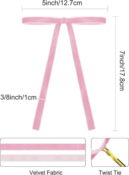 SIMISI RIBBON 24Pcs Pink Christmas Velvet Ribbon Bows Decorations Xmas Ornaments Vintage Decor for Tree, Wreath, Garland (3/8'' Width, 5 * 7 inch)