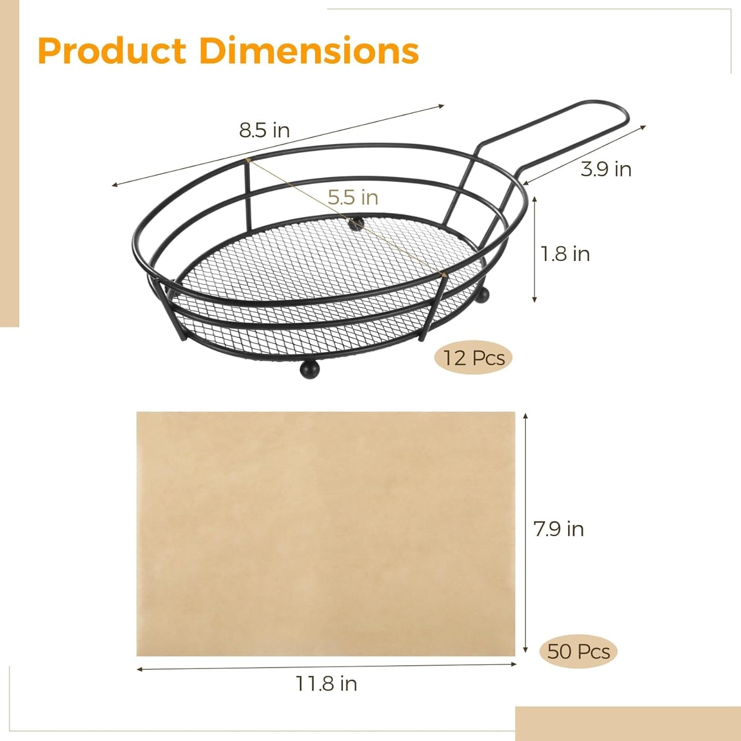 12 Pack French Fries Baskets, Black Iron Serving Baskets with Handles, Oval Mesh Food Presentation Trays with 50 Deli Papers, Fried Food Bowls, Small Fryer Holders for Parties, BBQ, Kitchen