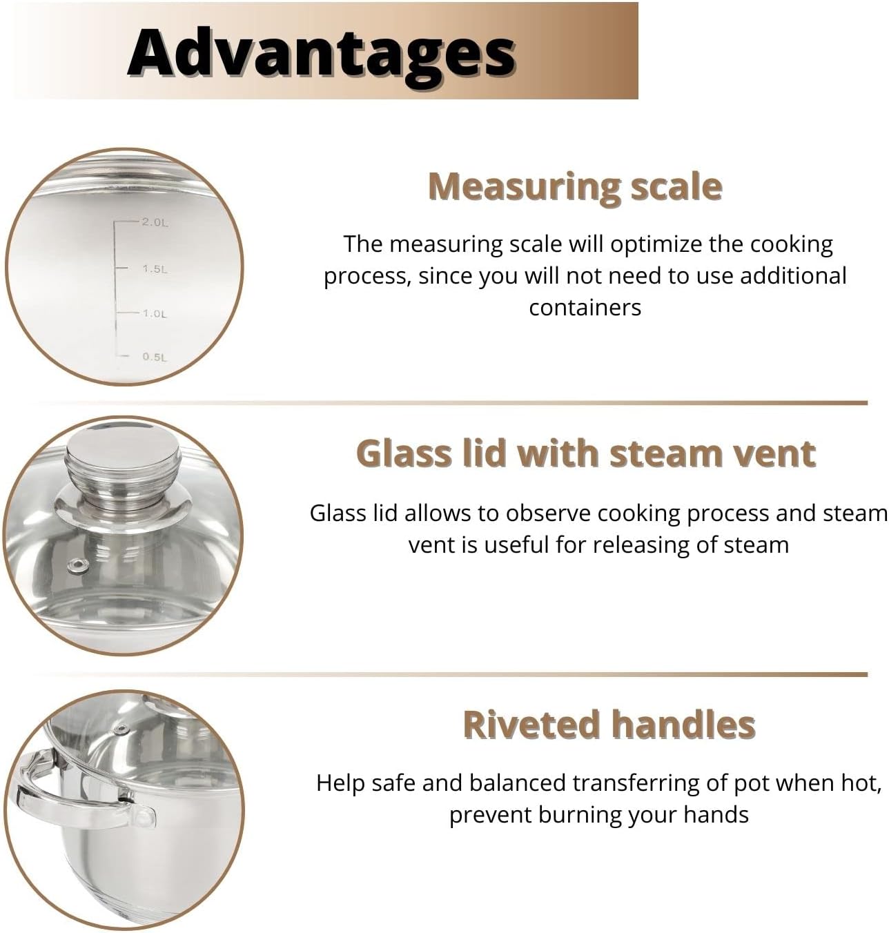 Daniks Standard Stainless Steel Stock Pot with Glass Lid – Induction 2 Quart, Dishwasher Safe, Measuring Scale, For Soup, Pasta, Stew, Silver