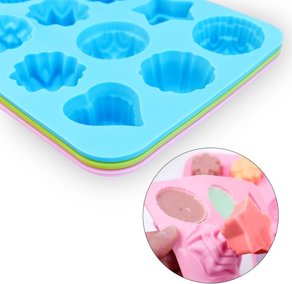 homEdge Food Grade Silicone Flowers Molds, Baking Pan with Flowers and Heart Shape Non-Stick 3-Pack Silicone Molds for Chocolate, Candy, Jelly, Ice Cube, Muffin (Pink, Blue and Green)