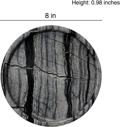 Travertine Tray, Small Ceramic Vanity Tray for Bathroom Counter Decor, Round Marble Decorative Trays for Coffee Table (Grey Black, Medium Size)