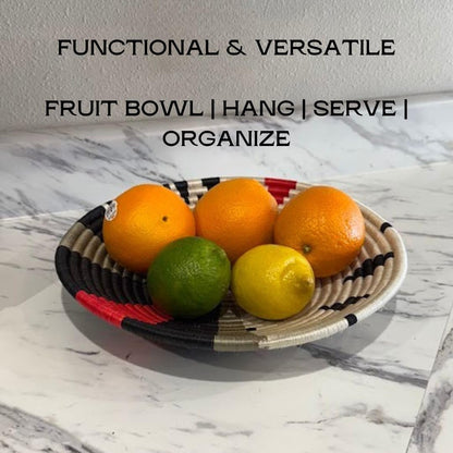 Handwoven African Basket Handmade sisal Fruit Bowl Wall Hanging decorative Baskets for Home Living Room Kitchen Centerpiece Zen Designs Arts and Crafts (Blue Tan Natural, 10in diameter)