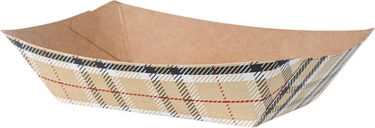 Restaurantware-Bio Tek 4 Ounce Paper Boats, 50 Disposable #25 Food Trays - PE Lining, Durable, Plaid Print Paper Food Baskets, For Concession Stands, Picnics, or Fairs