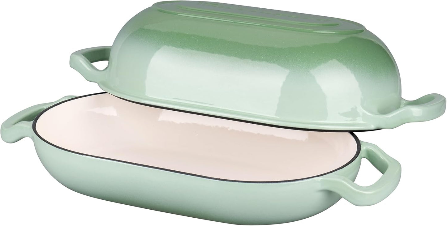 Enameled Cast Iron Sourdough Bread Oven, Dutch Oven, Loaf Cast Iron Bread Pan for Homemade Bread Baking, Meatloaf Pan with Lid, 5QT, Green