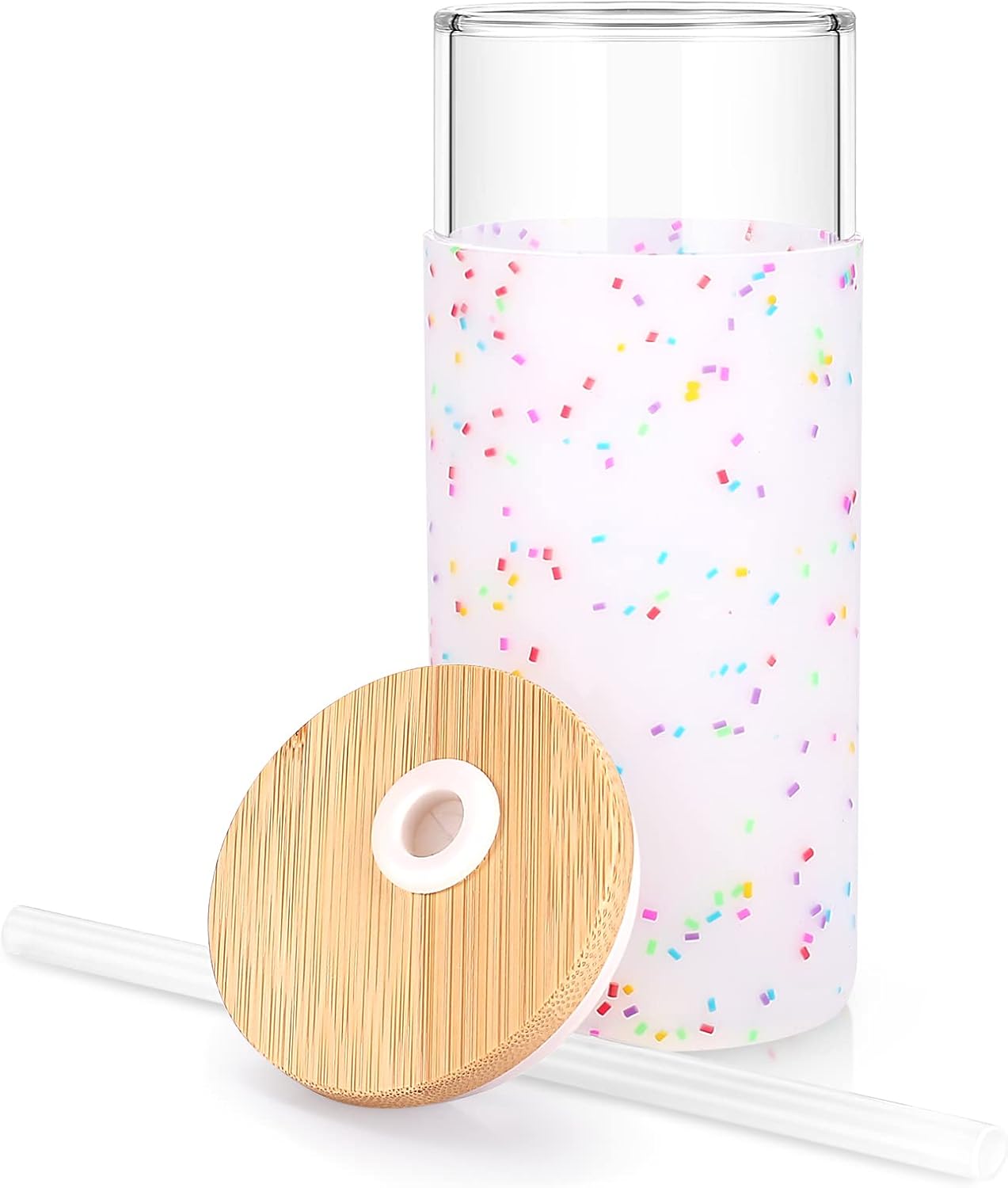 Tronco 20 oz Glass Tumbler with Lid and Straw, Iced Coffee Cup and Smoothie Cup with Bamboo Lids & Protective Silicone Sleeve, Dishwasher Safe, BPA-Free, Glass Cup 1 Pack