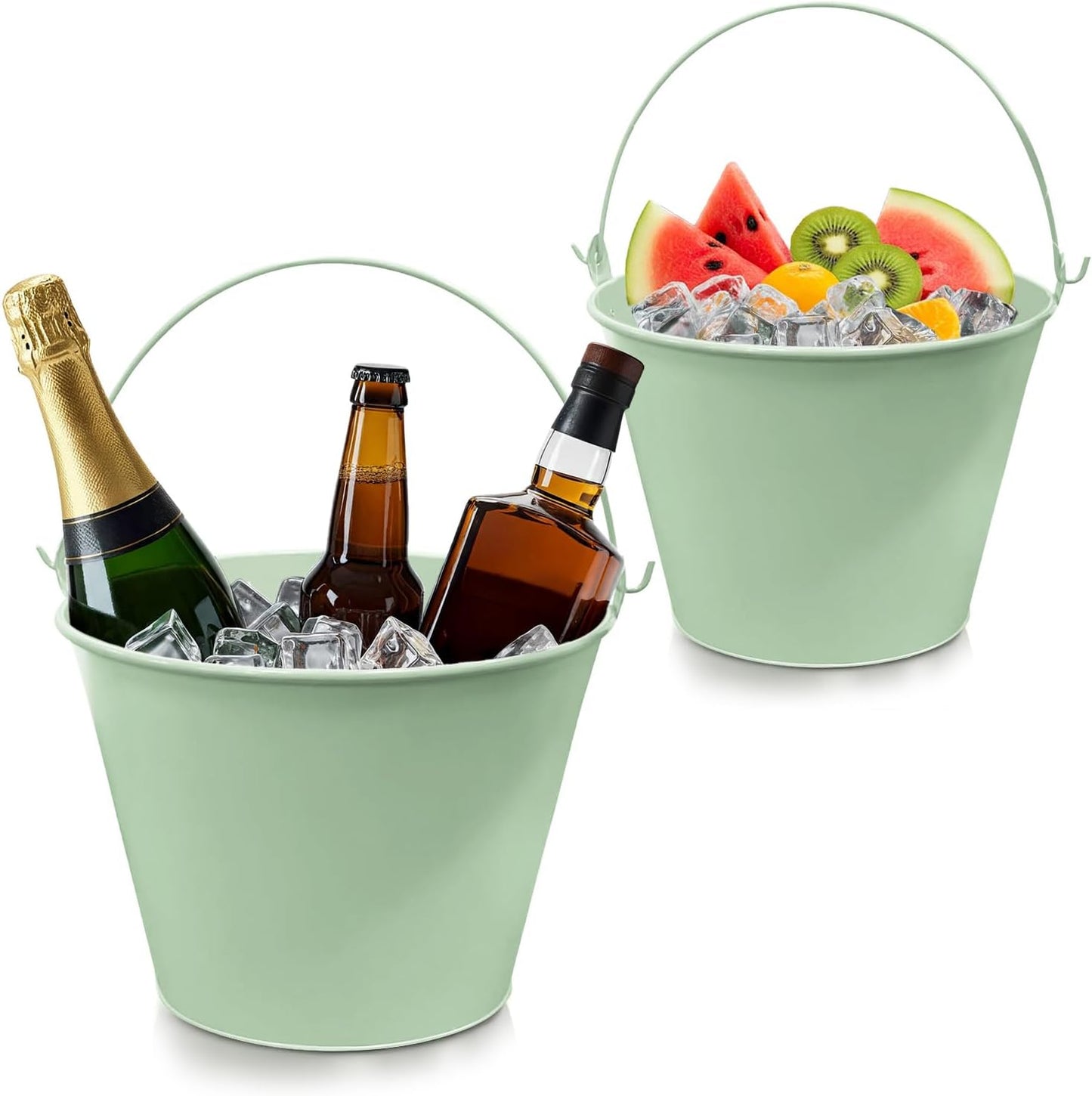 PLEXON Galvanized Metal Ice Bucket for Parties Coctail Bar Restaurant - Drink Beer Champagne Metal Pail Bucket with Handle, Beverage Chiller Cooler Small 1.3 Gallon, Green Set of 2