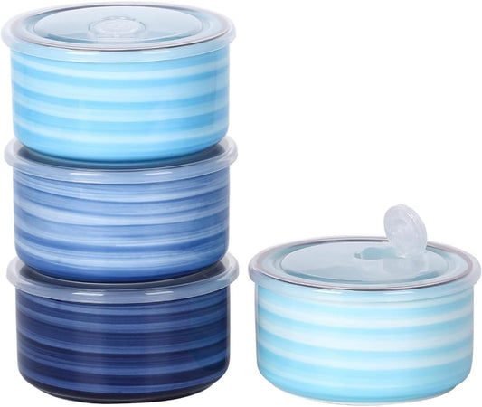 Selamica Ceramic Bowls with Lids, 14 OZ Microwave Safe Bowls with Lids for Lunch Picnic, 5 Inch Ceramic Food Storage Containers for Leftovers, Soup, Salad, Meal Prep, Cereal, Set of 4, Gradient Blue