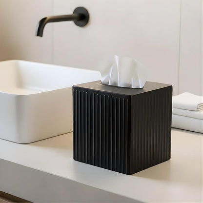 Monarch Abode Tissue Box Cover Square – Handcrafted Ridge Embossed Black Metal Tissue Holder Box for Bathroom Accessory, Aesthetic Decorative Facial Napkin Cube for Modern Home Decor