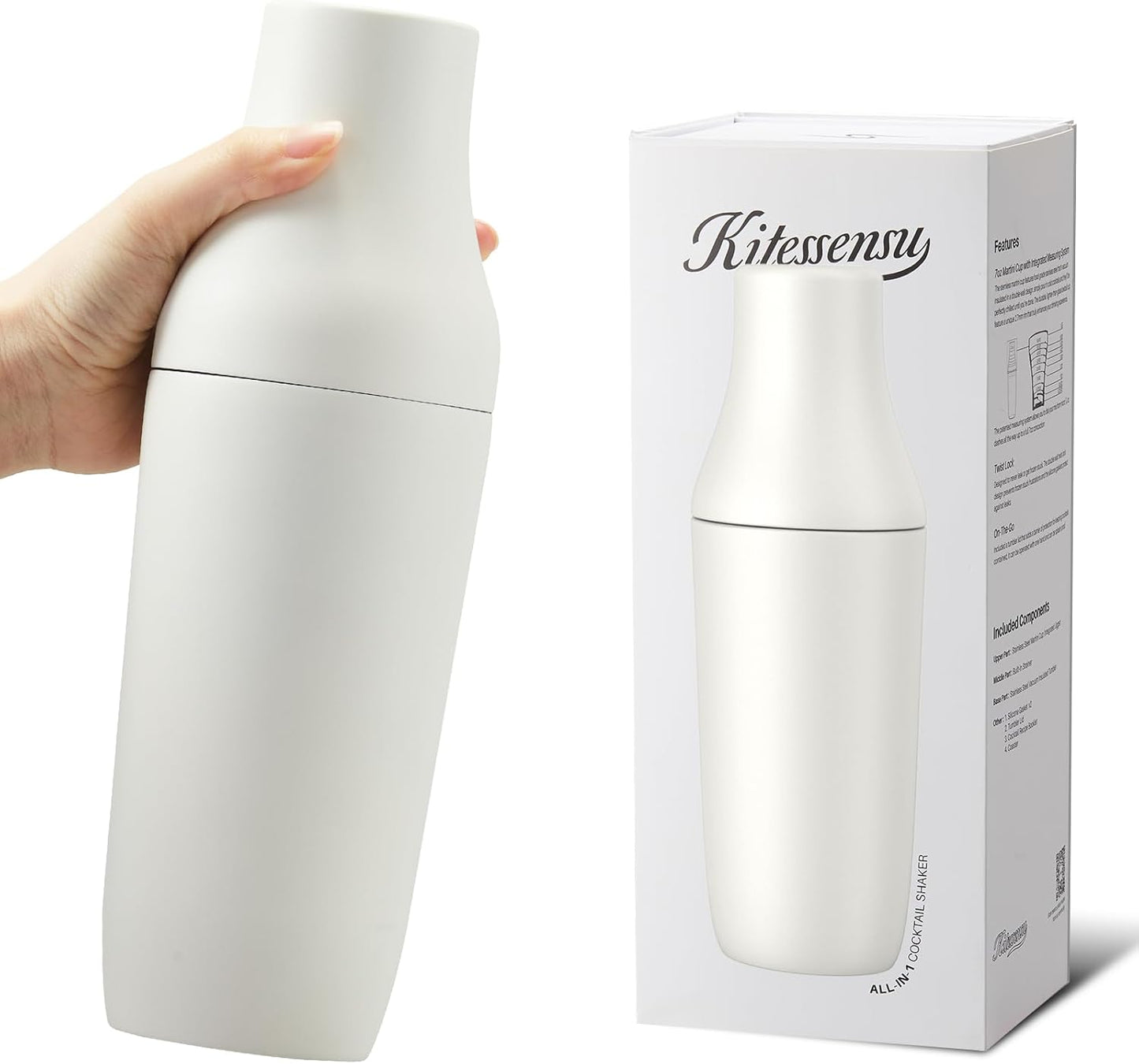 Kitessensu Hybrid Cocktail Shaker | Vacuum Insulated Stainless Steel Martini Shaker with Double Wall Martini Cup | Integrated Measuring System | Tumbler Lid & Cocktail Recipes Included | Cream
