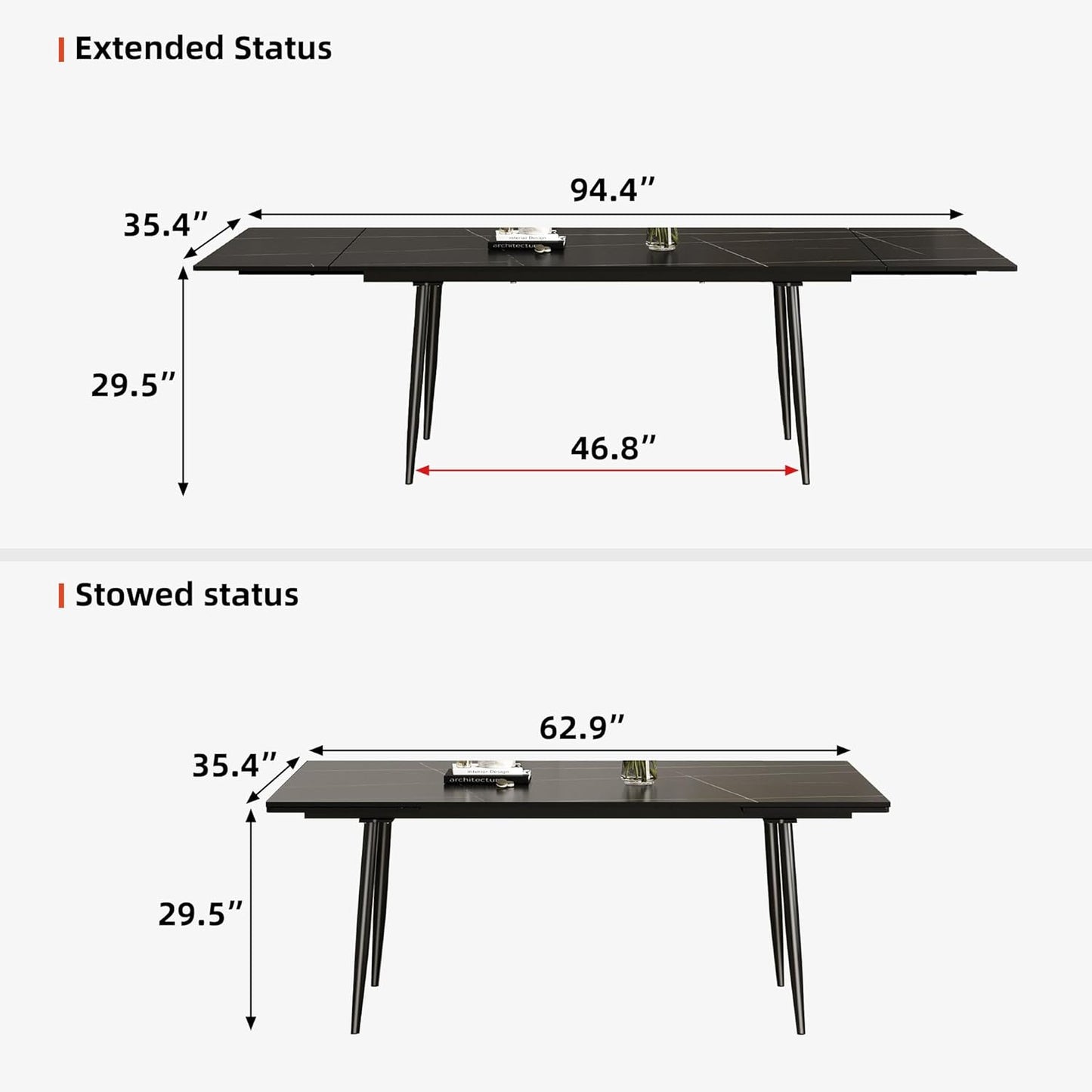 62.9"-94.4" Modern Extendable Dining Table for 6 to 10 Seats, Rectangular Sintered Stone Table with High Hardness and Easy Maintenance for Dining Room Family Gathering, Black Top