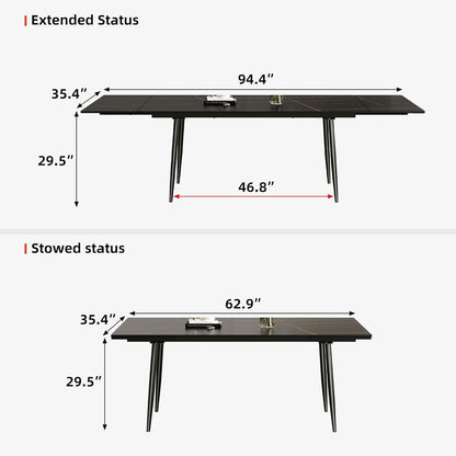 62.9"-94.4" Modern Extendable Dining Table for 6 to 10 Seats, Rectangular Sintered Stone Table with High Hardness and Easy Maintenance for Dining Room Family Gathering, Black Top