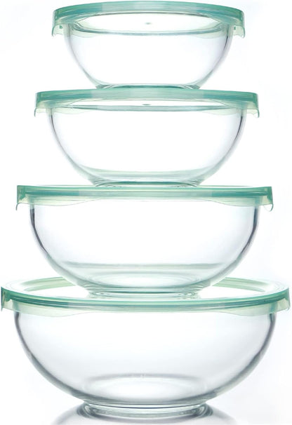 WhiteRhino Glass Mixing Bowl with Lids Set of 4,(1,1.5,2.5,3.7) Large Salad Bowl,Space-Saving Stacking Bowl for Kitchen Food Storage,Glass bowl for Cooking,Baking