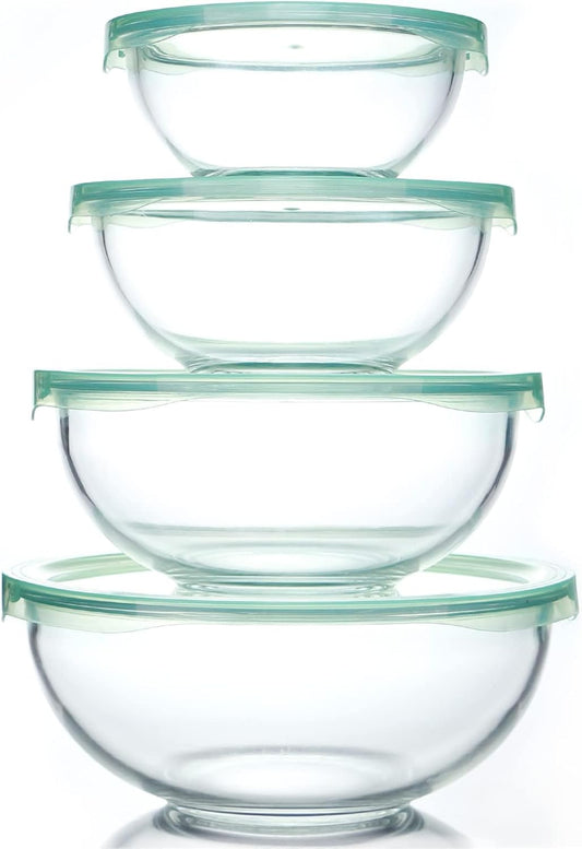 WhiteRhino Glass Mixing Bowl with Lids Set of 4,(1,1.5,2.5,3.7) Large Salad Bowl,Space-Saving Stacking Bowl for Kitchen Food Storage,Glass bowl for Cooking,Baking