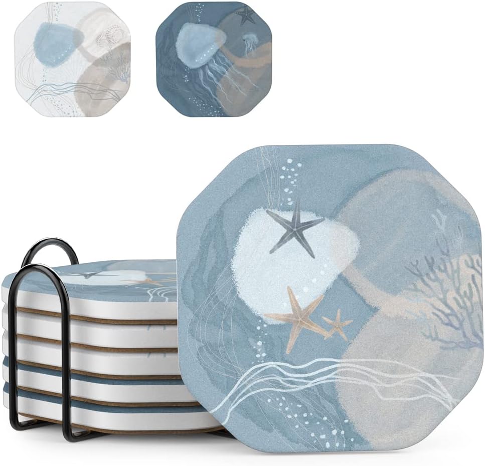 UMIRRO Ceramic Stone Coasters for Drinks Absorbent with Holder, Coastal Themed Design for Beach Lovers, Ocean Inspired Stoneware Cup Coasters for Wooden Coffee Table, 4", Octagonal, Blue, 6 Pack