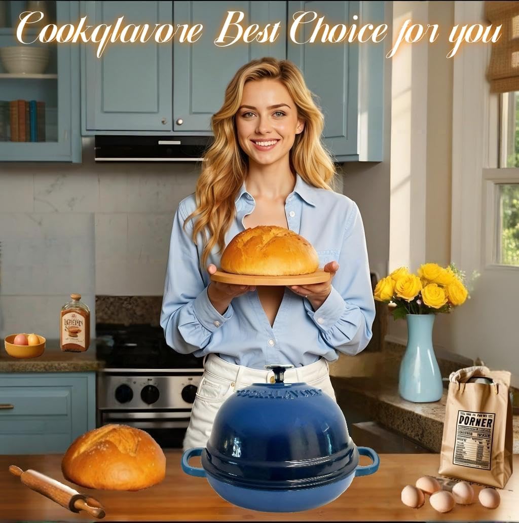 Dutch Oven for Bread Baking,6 Quart Enamel Bread Oven for Sourdough,10.5"Bread Oven with Lid,Bread Pans for Homemade Bread,Blue Thick Enamel Bread Pan-with Silicone Baking Mat&Recipe,Gifts for Family