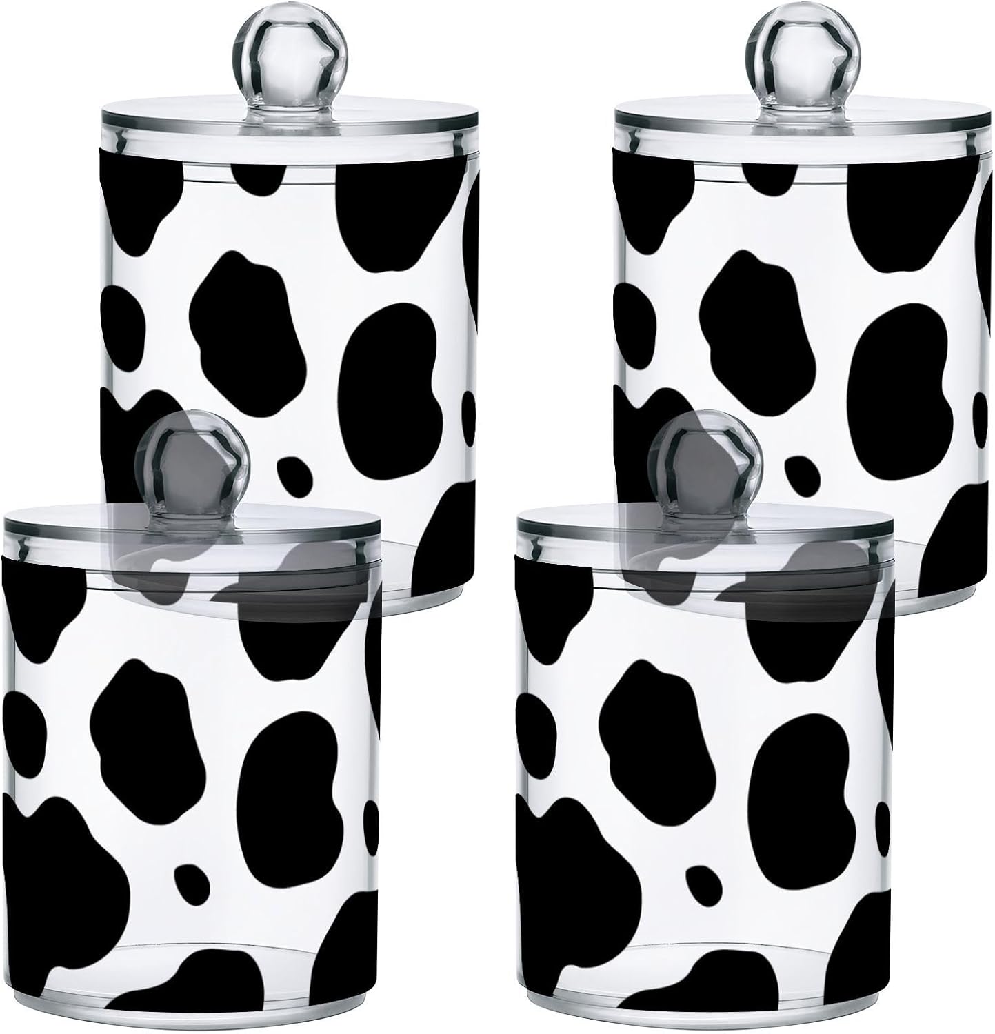 xigua Cow Print Qtip Holder with Lid,4Pack Clear Plastic Apothecary Jars Bathroom Storage Containers for Cotton Swab,Cotton Ball,Floss Picks,Tea,Coffee