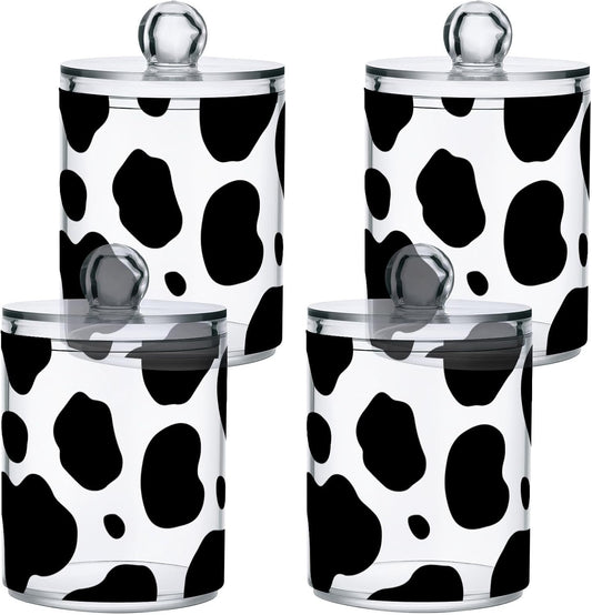 xigua Cow Print Qtip Holder with Lid,4Pack Clear Plastic Apothecary Jars Bathroom Storage Containers for Cotton Swab,Cotton Ball,Floss Picks,Tea,Coffee
