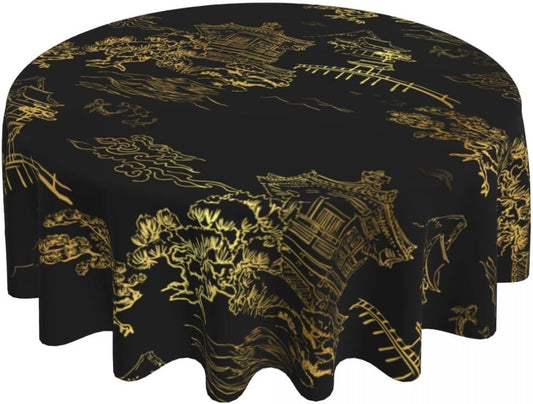 Japanese Tablecloth, Black Golden Traditioanal Chinese Landscape Oriental Vintage Water Resisitant Wipeable Table Cover for Dining Kitchen Living Room Home Party Holiday Decor 36 inch Round