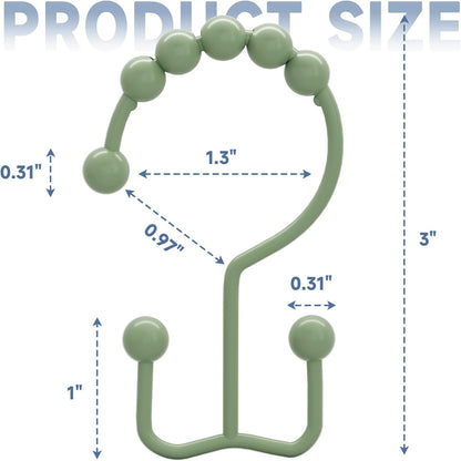 Titanker Shower Curtain Hooks Rings, Rust-Resistant Metal Double Glide Shower Hooks for Bathroom Shower Rods Curtains, Set of 12 Hooks - Sage Green