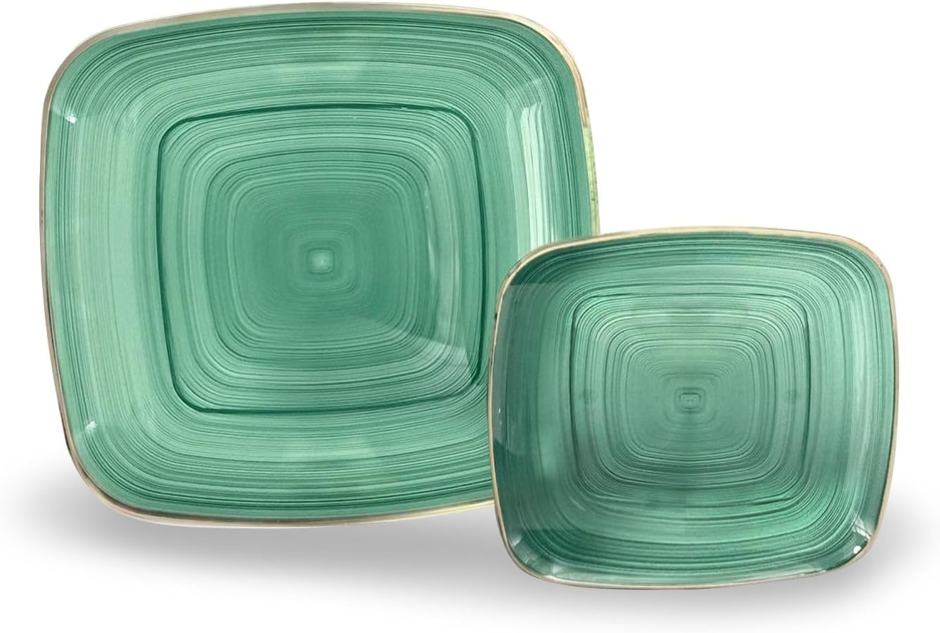 " OCCASIONS " 120 Pieces Pack,(60 Guests) Premium Wedding Party Disposable Plastic Plates Set -60 x 10'' Dinner + 60 x 7'' Salad/Dessert (Belize Square in Green & Gold)