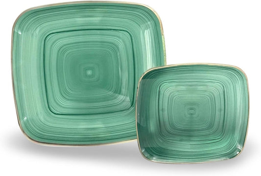 " OCCASIONS " 120 Pieces Pack,(60 Guests) Premium Wedding Party Disposable Plastic Plates Set -60 x 10'' Dinner + 60 x 7'' Salad/Dessert (Belize Square in Green & Gold)