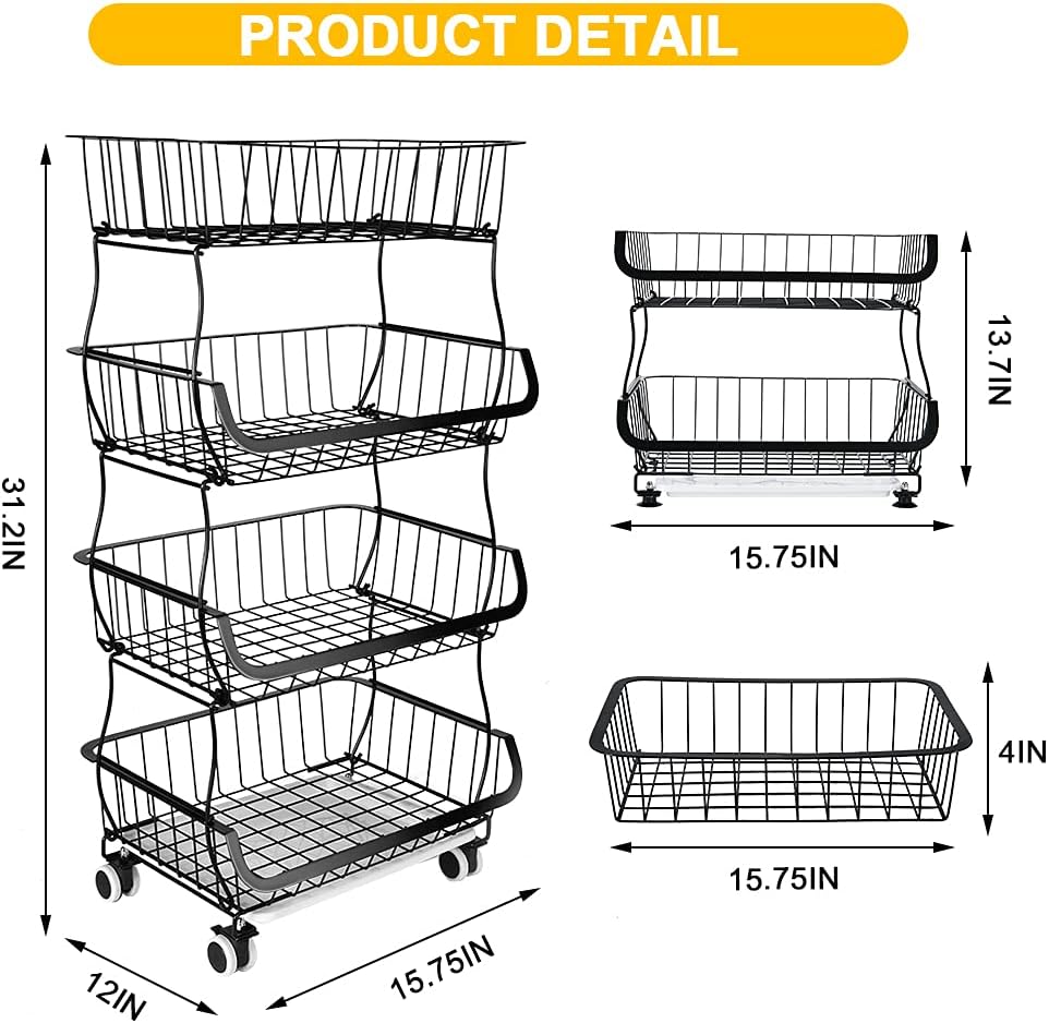 Miyawell Fruit Vegetable Storage Basket, 4 Tier Stackable Metal Wire Storage Baskets with Wheels, Fruit Vegetable Produce Basket Organizer Bins for Kitchen, Pantry, Bathroom
