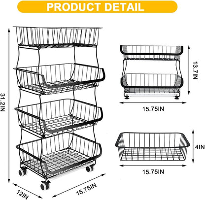 Miyawell Fruit Vegetable Storage Basket, 4 Tier Stackable Metal Wire Storage Baskets with Wheels, Fruit Vegetable Produce Basket Organizer Bins for Kitchen, Pantry, Bathroom