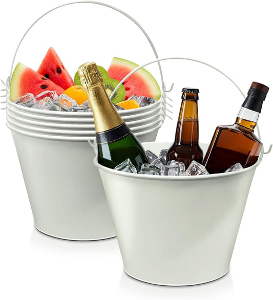 PLEXON Galvanized Metal Ice Bucket for Parties Coctail Bar Restaurant - Drink Beer Champagne Metal Pail Bucket with Handle, Beverage Chiller Cooler Small 1.3 Gallon, Off-White, Set of 6