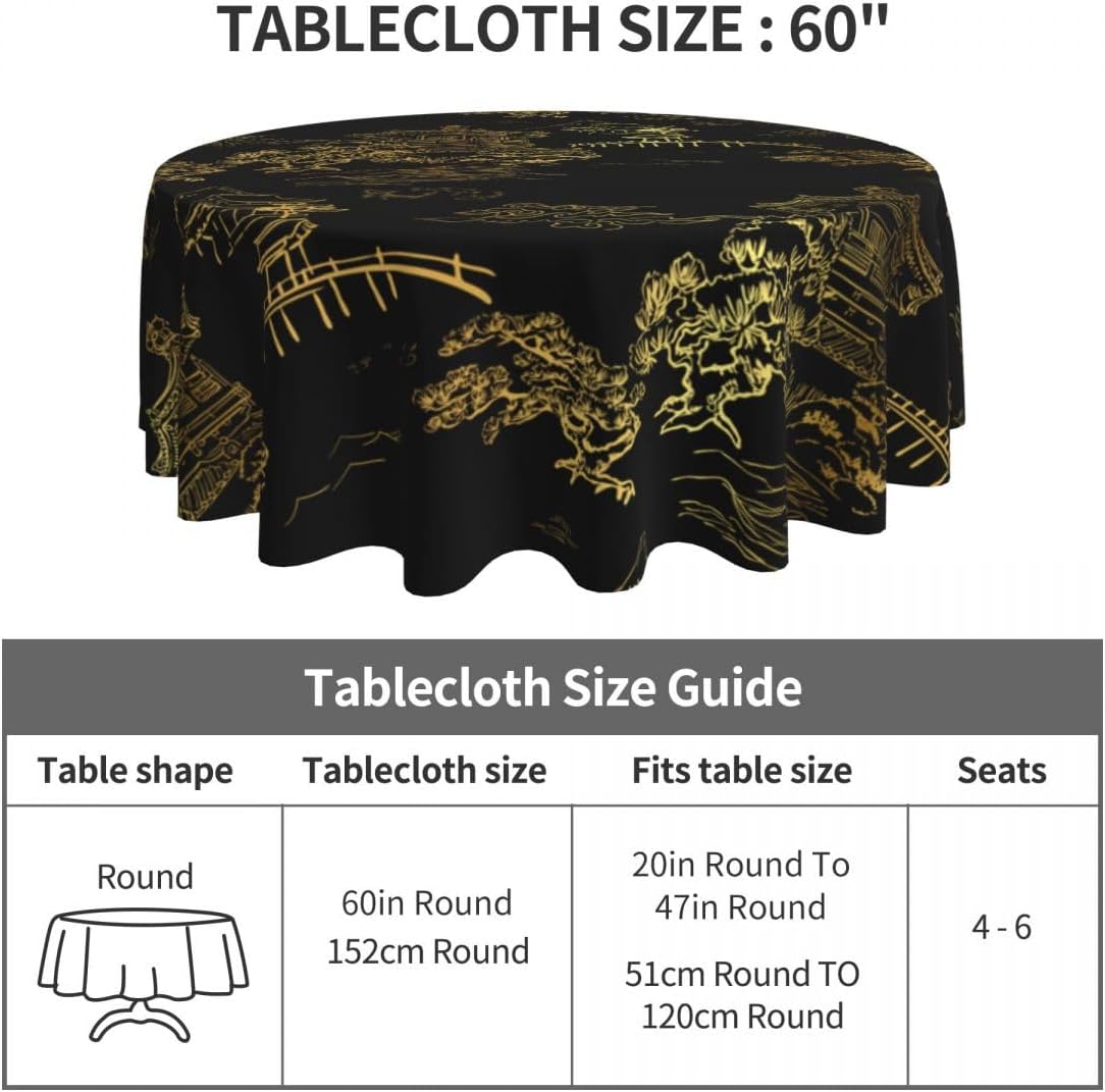 Japanese Tablecloth, Black Golden Traditioanal Chinese Landscape Oriental Vintage Water Resisitant Wipeable Table Cover for Dining Kitchen Living Room Home Party Holiday Decor 70 inch Round