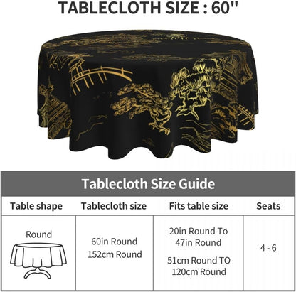 Japanese Tablecloth, Black Golden Traditioanal Chinese Landscape Oriental Vintage Water Resisitant Wipeable Table Cover for Dining Kitchen Living Room Home Party Holiday Decor 36 inch Round