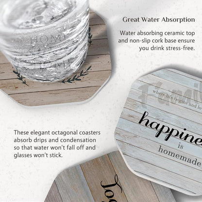 UMIRRO Rustic Farmhouse Coasters for Coffee Table Decor, Ceramic Coaster Set with Holder for Wooden Table, Cute Cup Coasters for Drinks Absorbent, Housewarming Gifts for New House/Home, 4", 6 Pack
