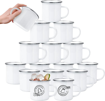 YOUKE OLA 16 Pack Sublimation Blanks Enamel Mug Camping Outdoor Coffee Travel Metal Mug with Silver Rim for Heat Transfer DIY Gift White 12oz