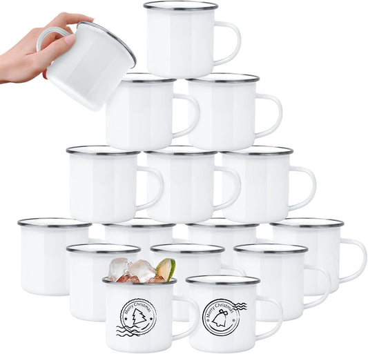 YOUKE OLA 16 Pack Sublimation Blanks Enamel Mug Camping Outdoor Coffee Travel Metal Mug with Silver Rim for Heat Transfer DIY Gift White 12oz