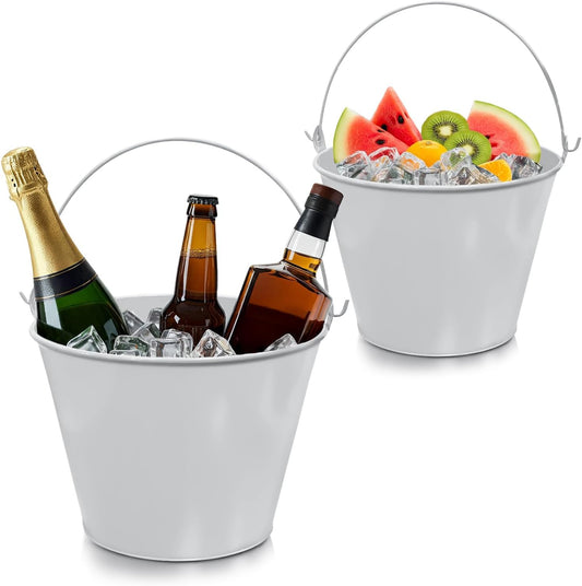 PLEXON Galvanized Metal Ice Bucket for Parties Coctail Bar Restaurant - Drink Beer Champagne Metal Pail Bucket with Handle, Beverage Chiller Cooler Small 1.3 Gallon,Gray, Set of 2