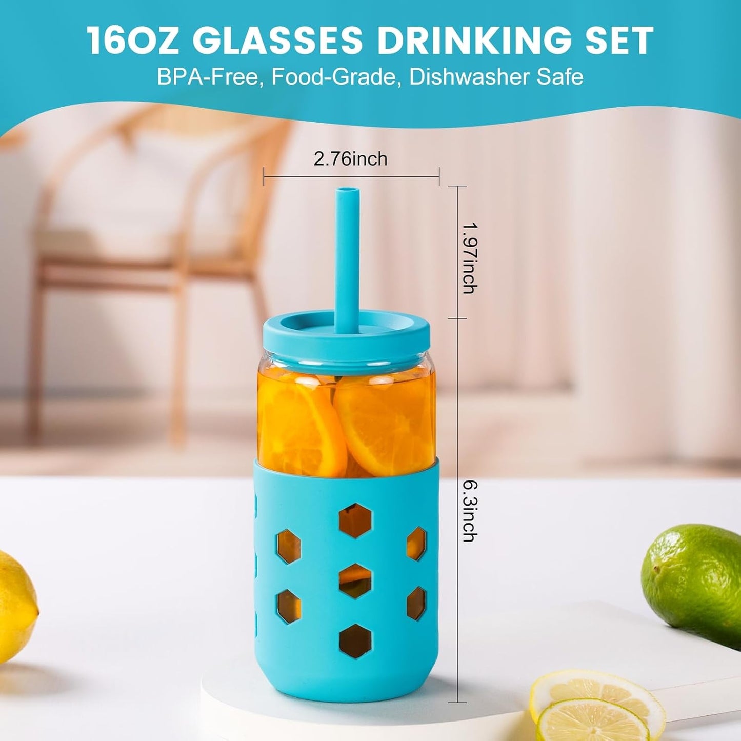 Glass Cups with Lids and Straws (4 Pcs), 16oz Drinking Glasses Set with Silicone Sleeves for Coffee Bar Accessories Iced Coffee Cups with Lids, Glass Tumbler Reusable for Gifts