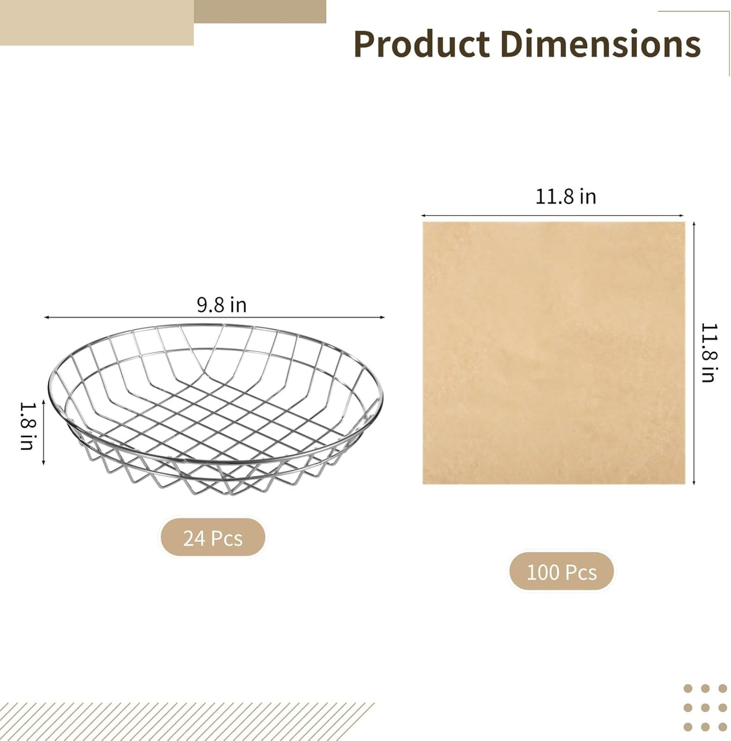 24 PCS Food Serving Wire Baskets, 9.8 x 9.8 x 1.8 Inch Wire Bread Baskets with 100 Sheets Deli Wrapper, Metal Snack Basket with Oil-Absorbing Paper for Restaurant Party