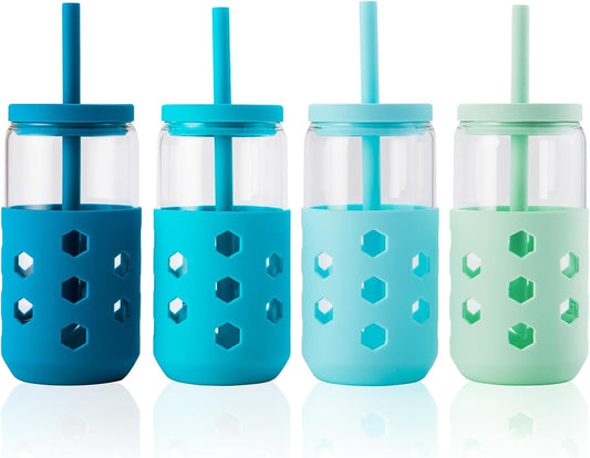 Glass Cups with Lids and Straws (4 Pcs), 16oz Drinking Glasses Set with Silicone Sleeves for Coffee Bar Accessories Iced Coffee Cups with Lids, Glass Tumbler Reusable for Gifts