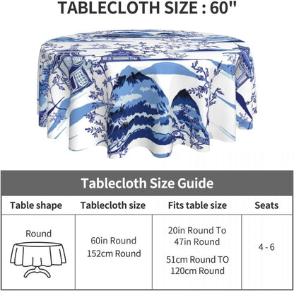 Japanese Tablecloth, Blue Traditional Vintage Landscape Oriental Temple Chinoiserie Water Resisitant Wipeable Table Cover for Dining Kitchen Living Room Home Party Holiday Decor 36 inch Round
