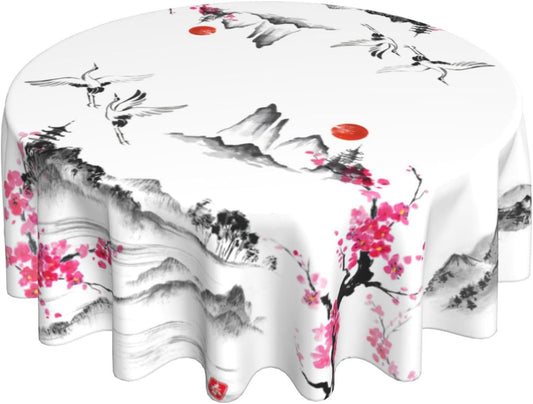 Japanese Tablecloth, Traditional Vintage Landscape Oriental Crane Temple Chinoiserie Water Resisitant Wipeable Table Cover for Dining Kitchen Living Room Home Party Holiday Decor 70 inch Round