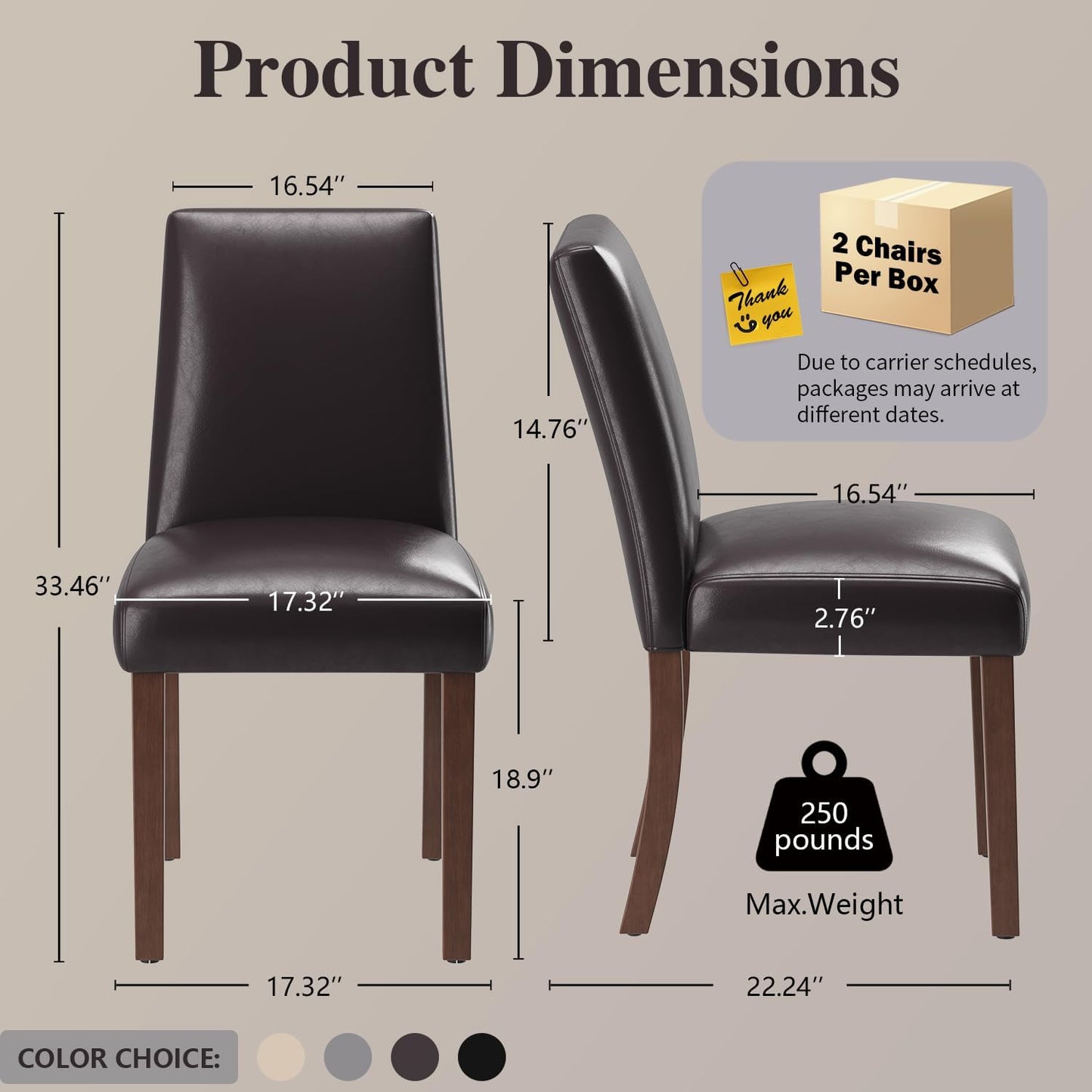 Dining Chairs Set of 2, Modern Faux Leather Dining Room Chair, Upholstered Parsons Kitchen Chairs for Restaurant & Cafe- Dark Brown