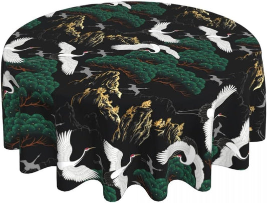 Japanese Tablecloth, Traditional Oriental Crane Vintage Chinese Landscape Luxury Farmhouse Water Resisitant Table Cover for Dining Kitchen Living Room Home Party Holiday Decor 60 inch Round