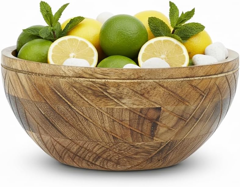 Mela Artisans Wooden Fruit Bowl | Light Burnt Finish | 9” Decorative Mango Wood Serving Bowl | Multipurpose for Kitchen Countertop | Salad | Dessert | Snacks | Breads & More | Natural Grain Pattern