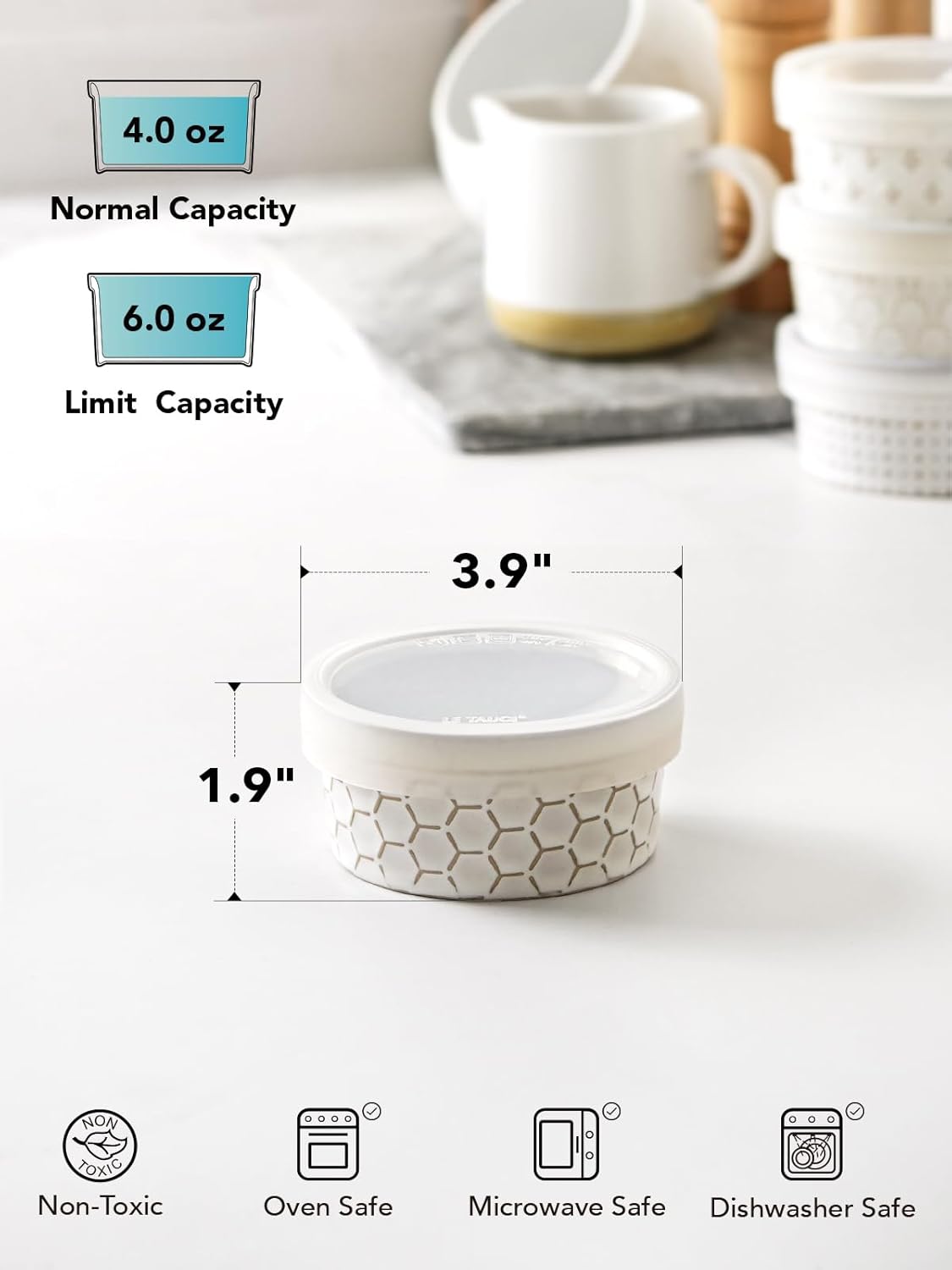 LE TAUCI Ramekins Oven Safe with Lids, 4 oz Charcuterie Boards Bowls Set for Creme brulee, Souffle, Dipping Sauces, Ceramic Food Storage Containers - 3.8 inch, Set of 4, Arctic White