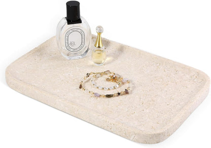Natural Marble Vanity Tray, 11.8" Marble/Stone Bathroom Tray Countertop, Beige Tray for Decor, Perfume Jewelry Holder, Storage/Organizer for Kitchen Sink