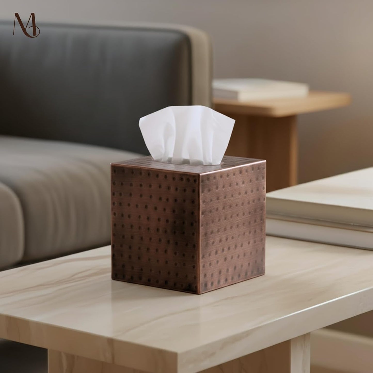 Monarch Abode Tissue Box Cover Square – Hand Hammered Antique Copper Metal Tissue Holder Box for Bathroom Accessory, Aesthetic Decorative Facial Napkin Cube for Modern Home Decor