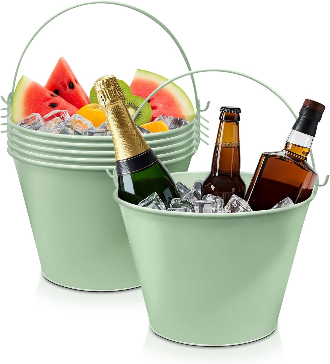 PLEXON Galvanized Metal Ice Bucket for Parties Coctail Bar Restaurant - Drink Beer Champagne Metal Pail Bucket with Handle, Beverage Chiller Cooler Small 1.3 Gallon, Green, Set of 6