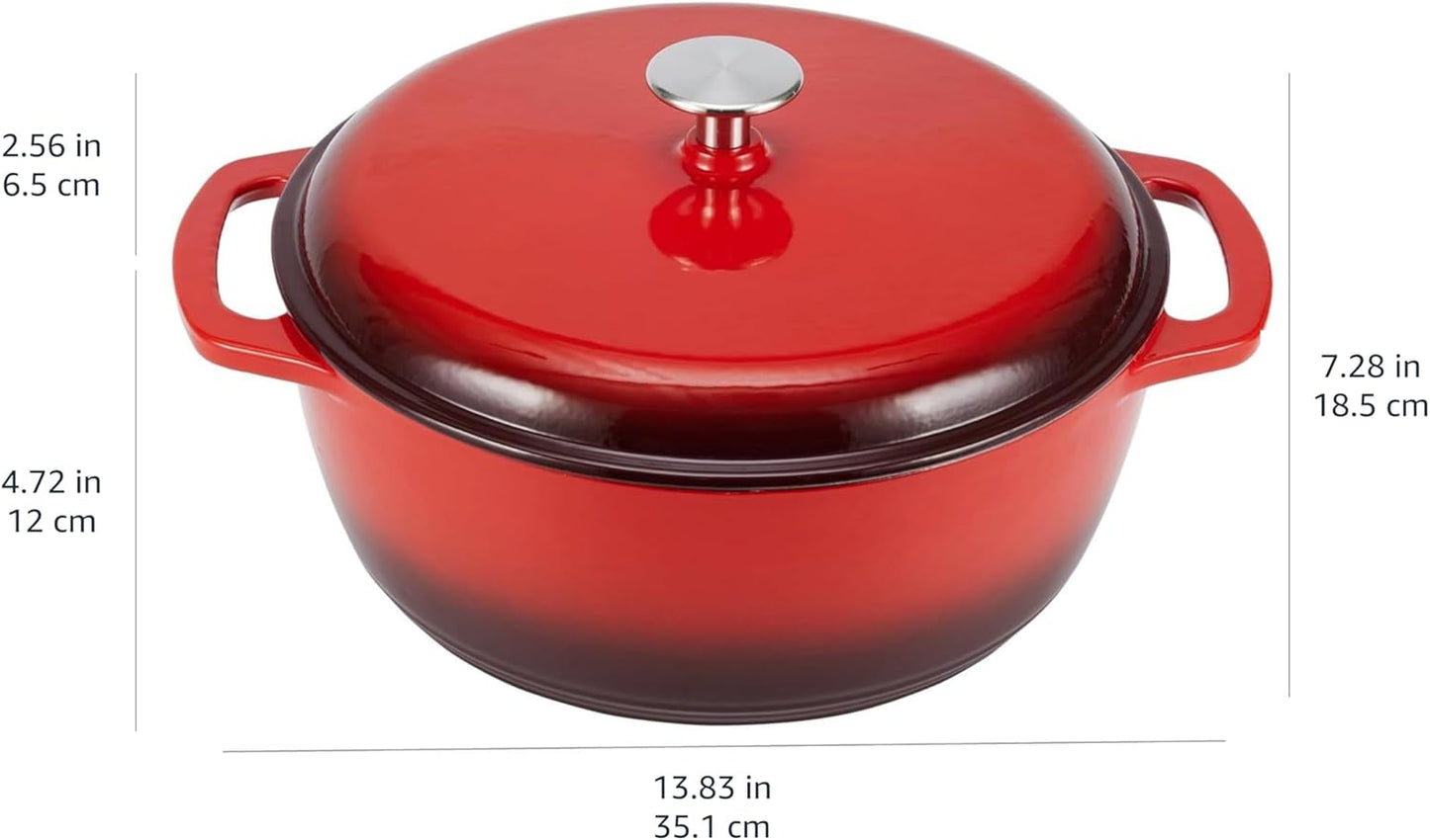 Amazon Basics Cast Iron Dutch Oven Pot with Lid, Enameled, Round, Dual Handles, Heavy-Duty, Medium, 6-Quart, Red