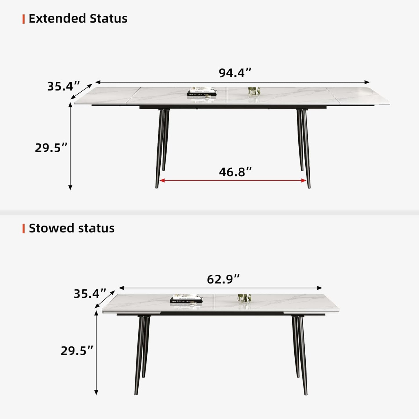 62.9"-94.4" Modern Extendable Dining Table for 6 to 10 Seats, Rectangular Sintered Stone Table with High Hardness and Easy Maintenance for Dining Room Family Gathering, White Top